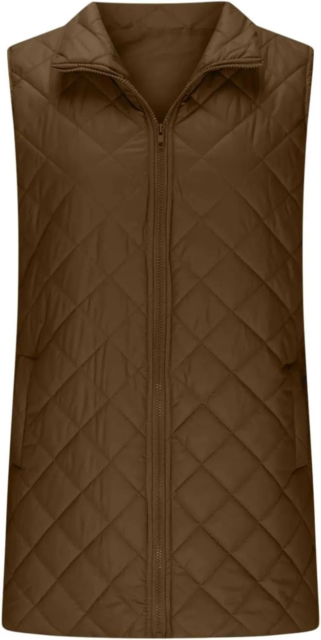 Long Puffer Vest Women Lightweight Quilted Sleeveless Stand Collar Zip Up Puffy Jacket with Pockets Winter Outerwear