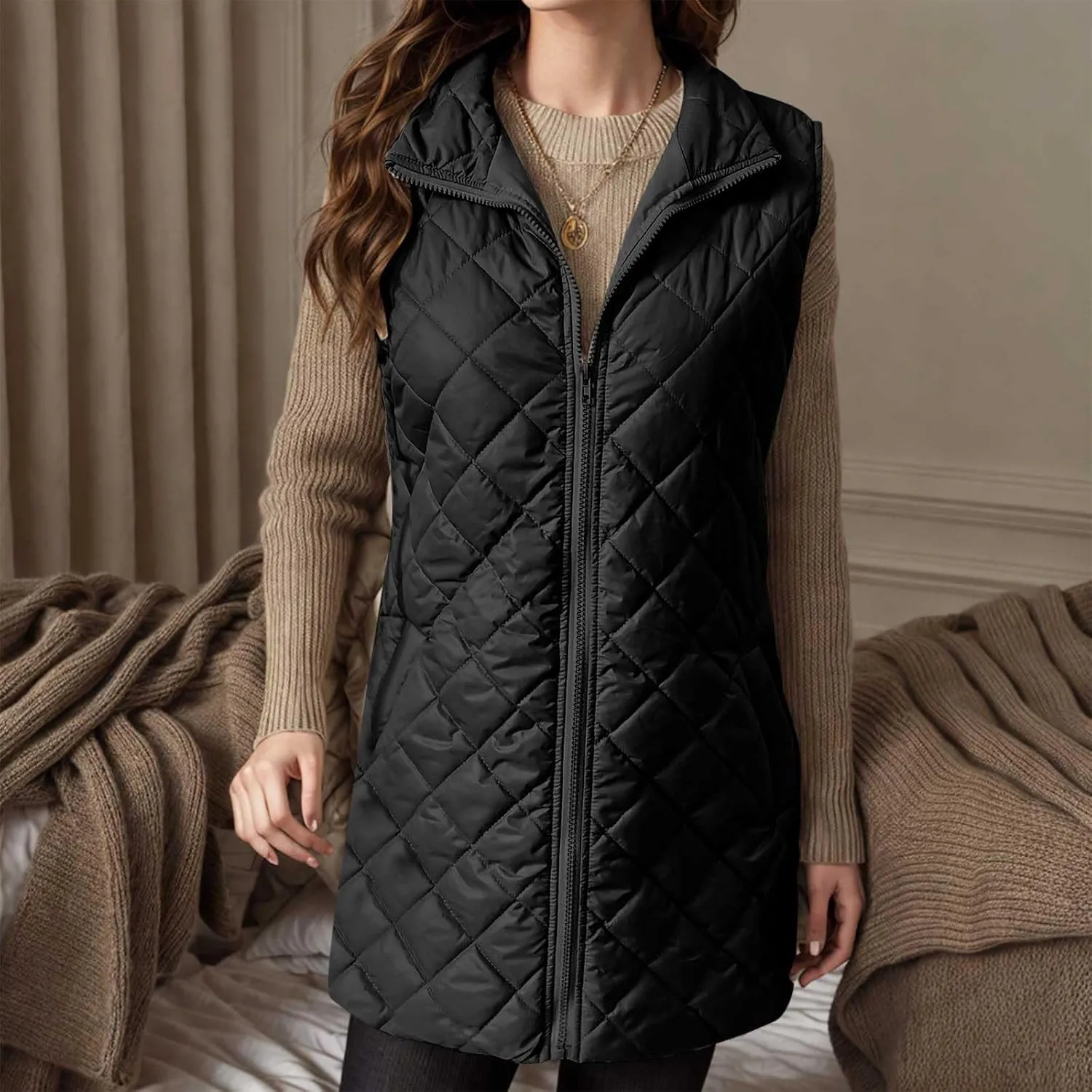 Long Puffer Vest Women Lightweight Quilted Sleeveless Stand Collar Zip Up Puffy Jacket with Pockets Winter Outerwear