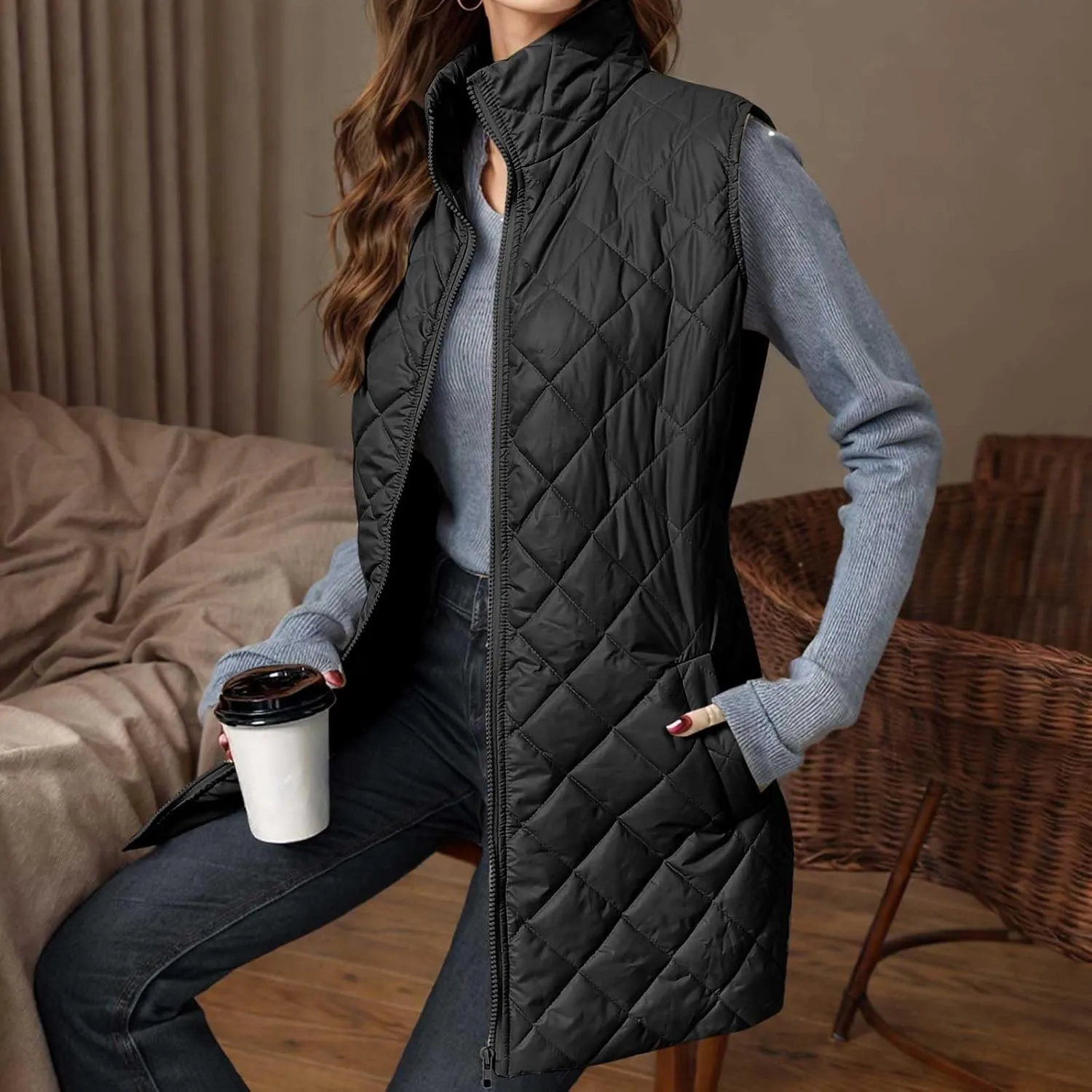 Long Puffer Vest Women Lightweight Quilted Sleeveless Stand Collar Zip Up Puffy Jacket with Pockets Winter Outerwear