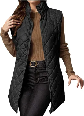 Long Puffer Vest Women Lightweight Quilted Sleeveless Stand Collar Zip Up Puffy Jacket with Pockets Winter Outerwear