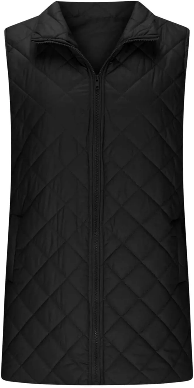 Long Puffer Vest Women Lightweight Quilted Sleeveless Stand Collar Zip Up Puffy Jacket with Pockets Winter Outerwear