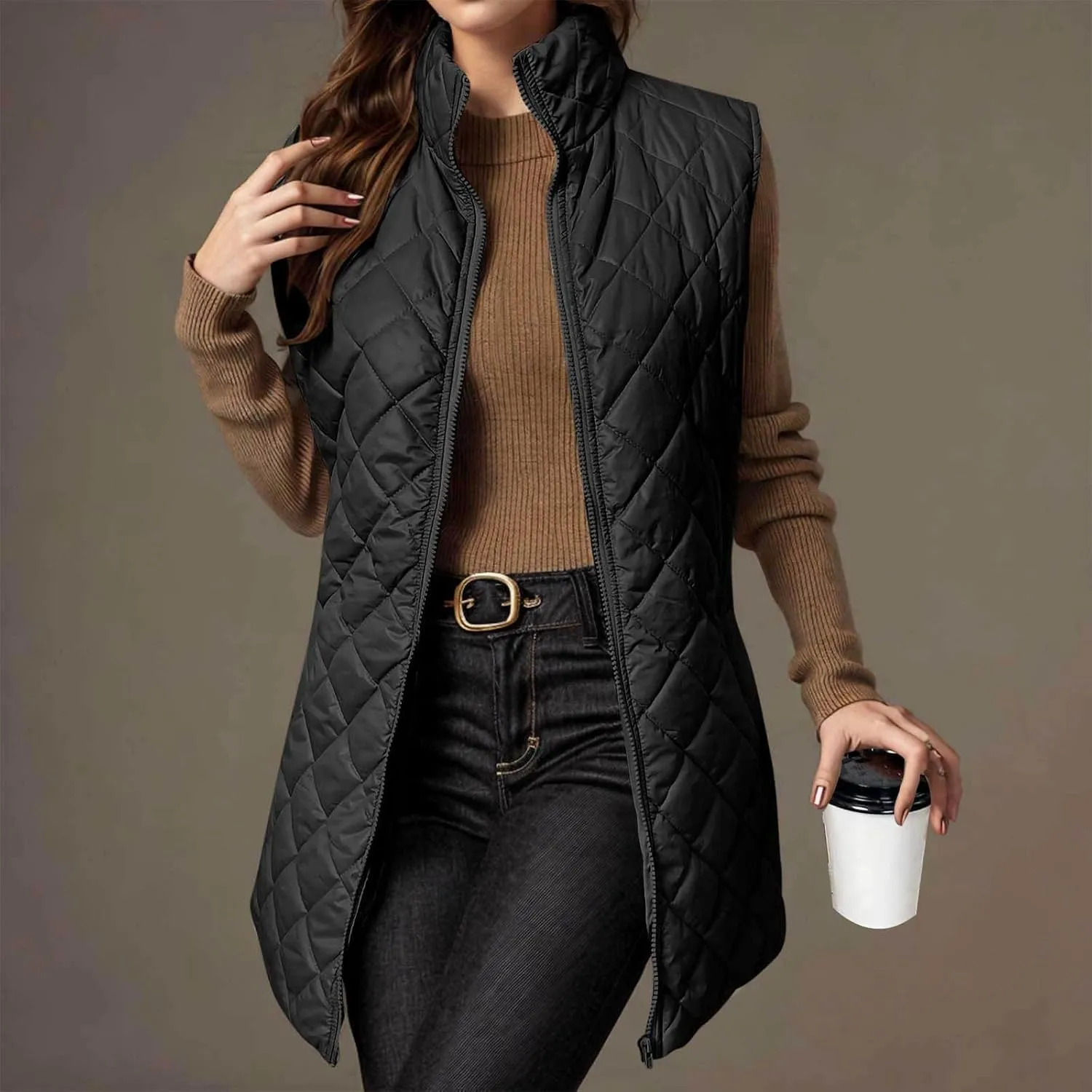 Long Puffer Vest Women Lightweight Quilted Sleeveless Stand Collar Zip Up Puffy Jacket with Pockets Winter Outerwear