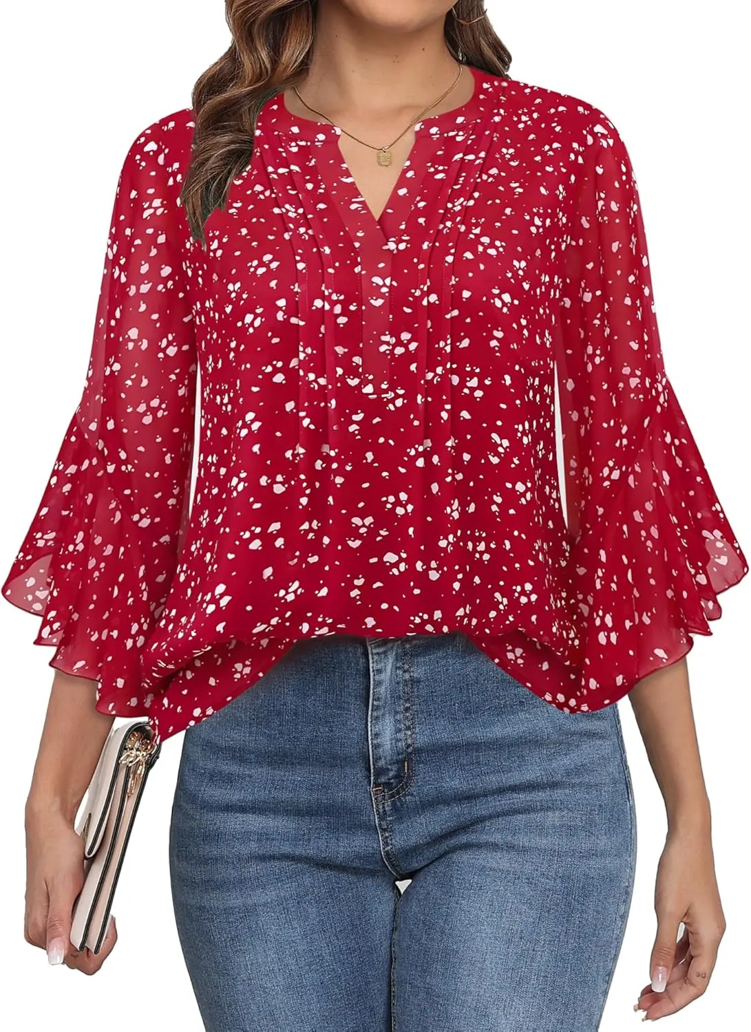 LOUSGUTA Business Casual Tops for Women 3/4 Sleeve Work Blouses Elbow Tiered Double Layerd Bell Sleeve Ruffle Chiffon Blouses Red M