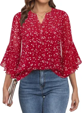 LOUSGUTA Business Casual Tops for Women 3/4 Sleeve Work Blouses Elbow Tiered Double Layerd Bell Sleeve Ruffle Chiffon Blouses Red M
