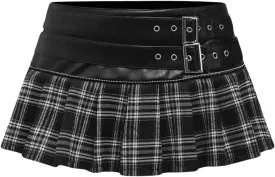 MakeMeChic Women's PU Leather Y2K Skirts Low Waisted Buckle Belted Pleated Mini Skater Skirts