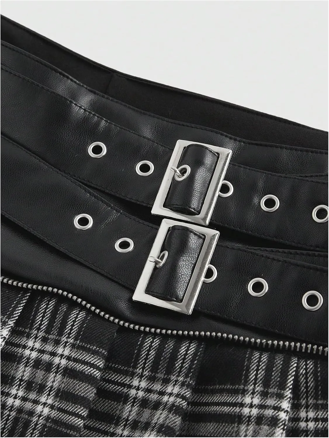 MakeMeChic Women's PU Leather Y2K Skirts Low Waisted Buckle Belted Pleated Mini Skater Skirts