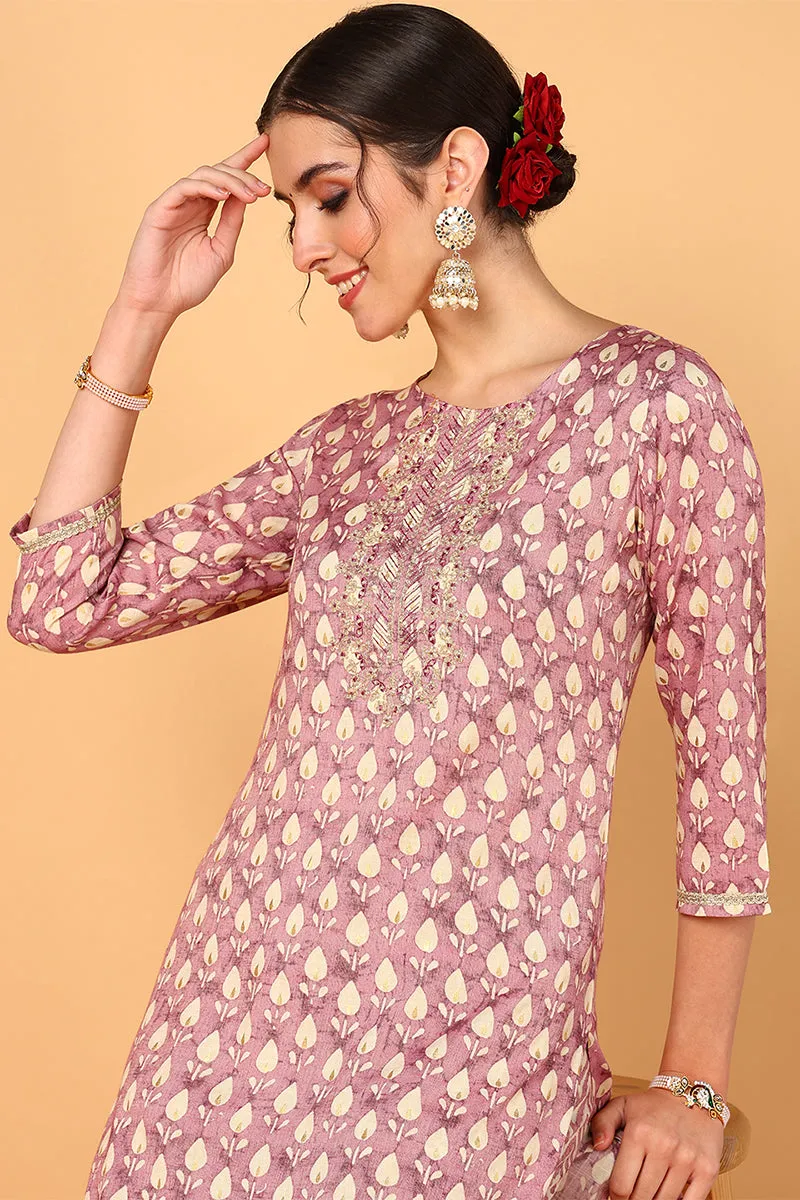 Mauve Silk Blend Ethnic Motifs Printed 3-Piece Kurta Set