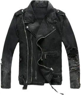 Men's zippers black denim jean biker jacket motorcycle Vintage epaulet holes ripped distressed coat