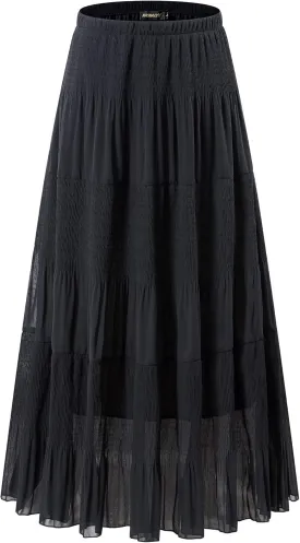 NASHALYLY Women's Chiffon Elastic High Waist Pleated A-Line Flared Maxi Skirts