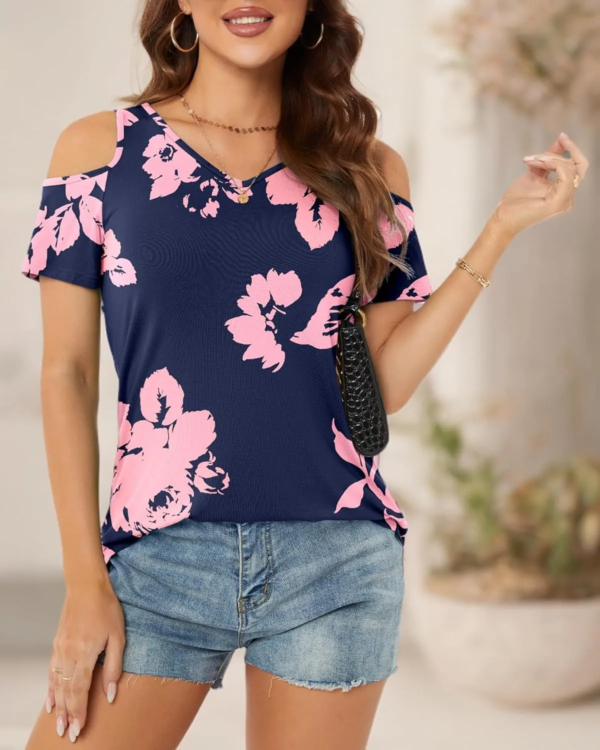 NILOUFO Womens Summer Casual Shirts Short Sleeve Cold Shoulder Tops Blouses Tunics