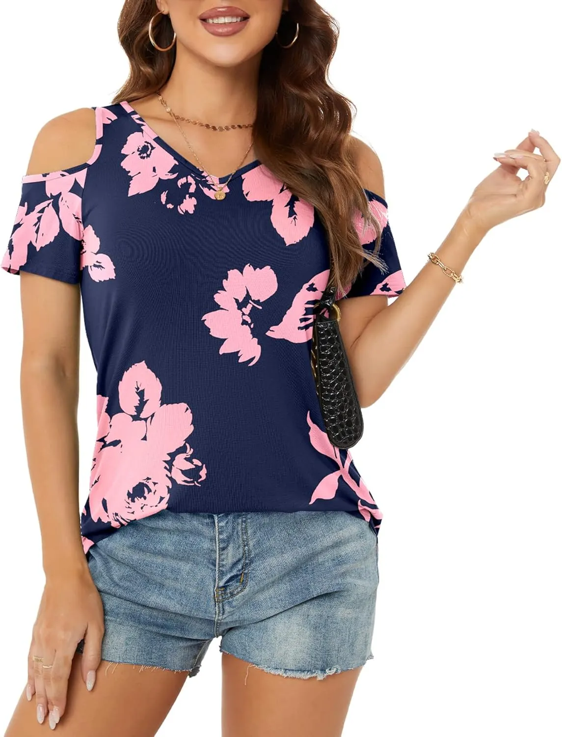 NILOUFO Womens Summer Casual Shirts Short Sleeve Cold Shoulder Tops Blouses Tunics