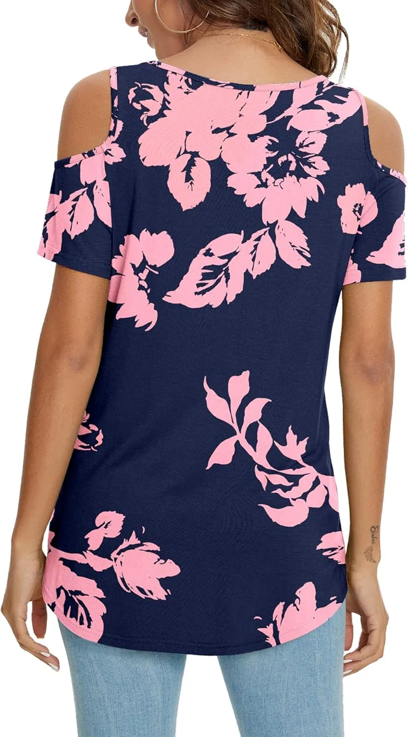 NILOUFO Womens Summer Casual Shirts Short Sleeve Cold Shoulder Tops Blouses Tunics
