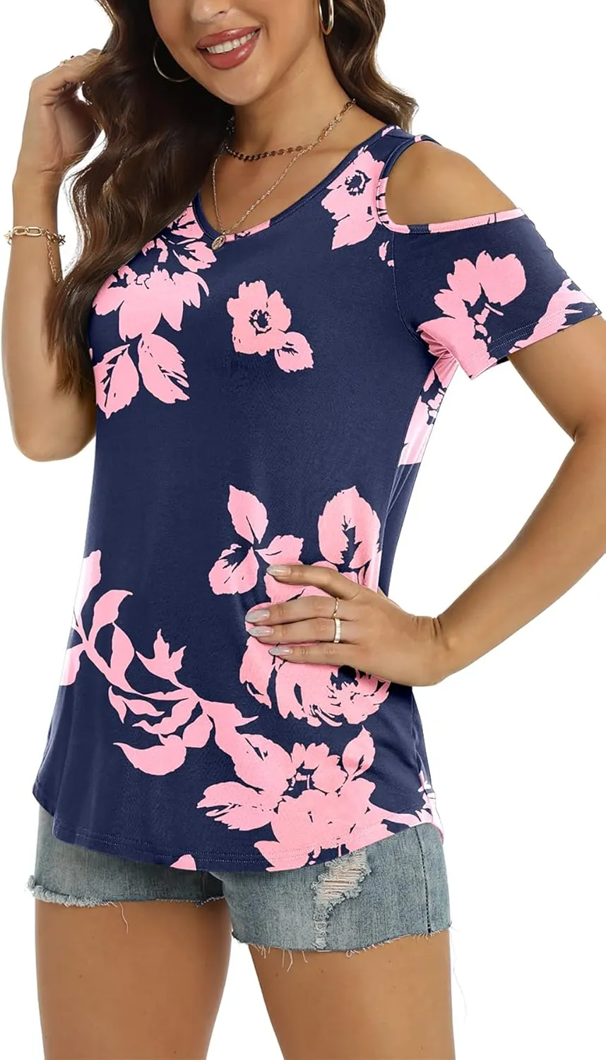 NILOUFO Womens Summer Casual Shirts Short Sleeve Cold Shoulder Tops Blouses Tunics
