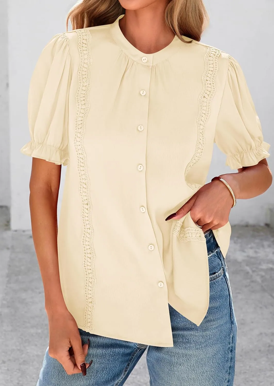 PRETTYGARDEN Womens Puff Ruffle Sleeve Tops 2025 Summer Trendy V Neck Button Down Shirts Casual Embroidery Chiffon Blouses