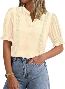 PRETTYGARDEN Womens Puff Ruffle Sleeve Tops 2025 Summer Trendy V Neck Button Down Shirts Casual Embroidery Chiffon Blouses