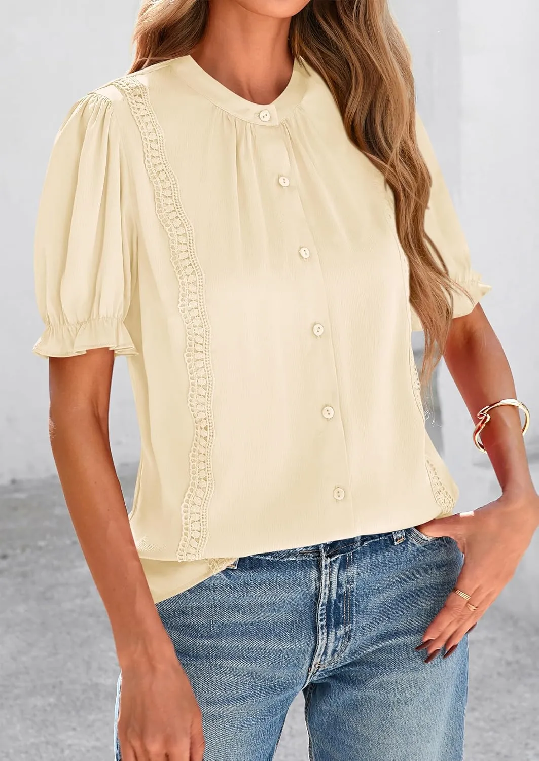 PRETTYGARDEN Womens Puff Ruffle Sleeve Tops 2025 Summer Trendy V Neck Button Down Shirts Casual Embroidery Chiffon Blouses
