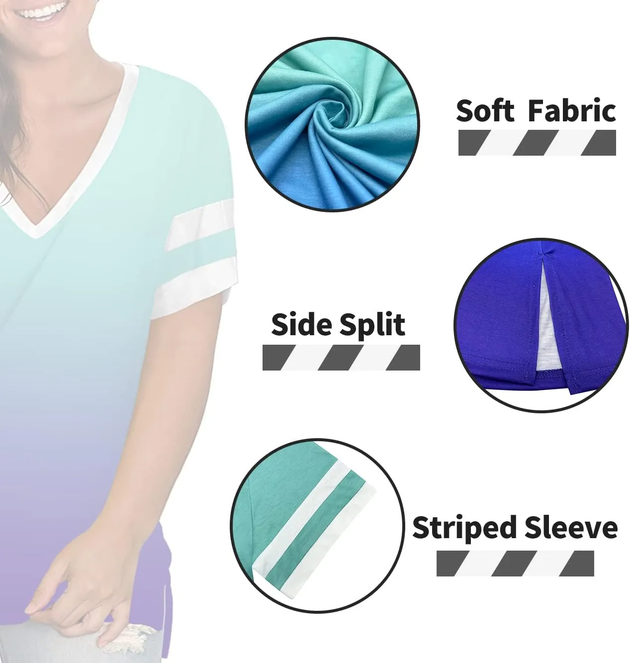 ROSRISS Plus-Size Womens Tops V Neck Color Block Tee Side Split Striped Tunics