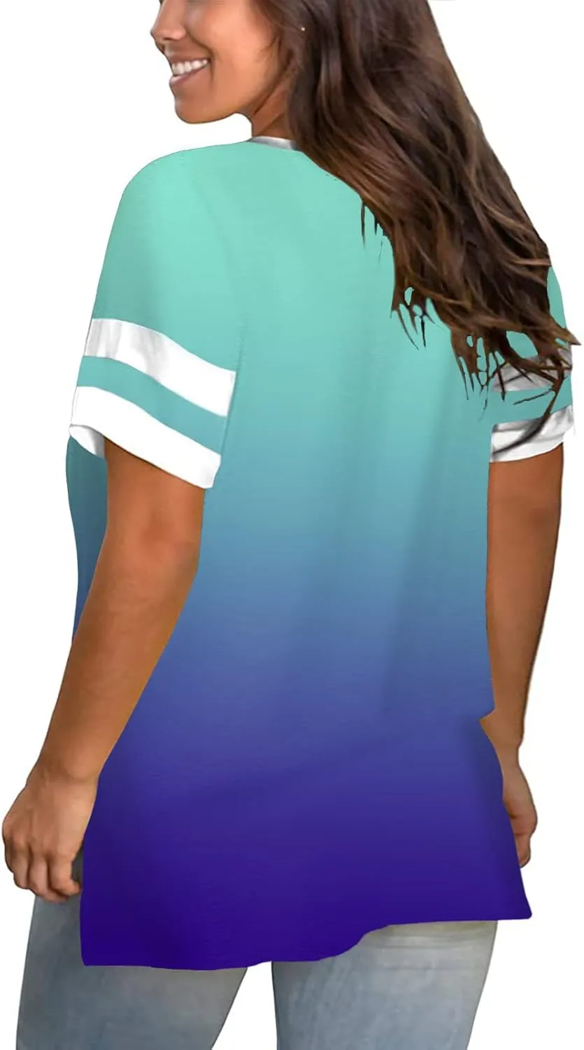 ROSRISS Plus-Size Womens Tops V Neck Color Block Tee Side Split Striped Tunics
