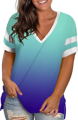 ROSRISS Plus-Size Womens Tops V Neck Color Block Tee Side Split Striped Tunics
