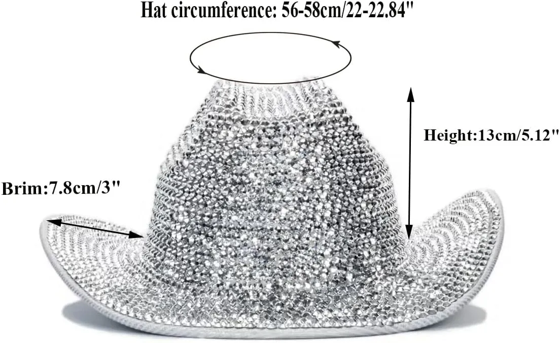 Silver Rhinestone Western Cowboy Hat for Womens - Glitter Cowgirl Hat for Disco Parties and Costumes