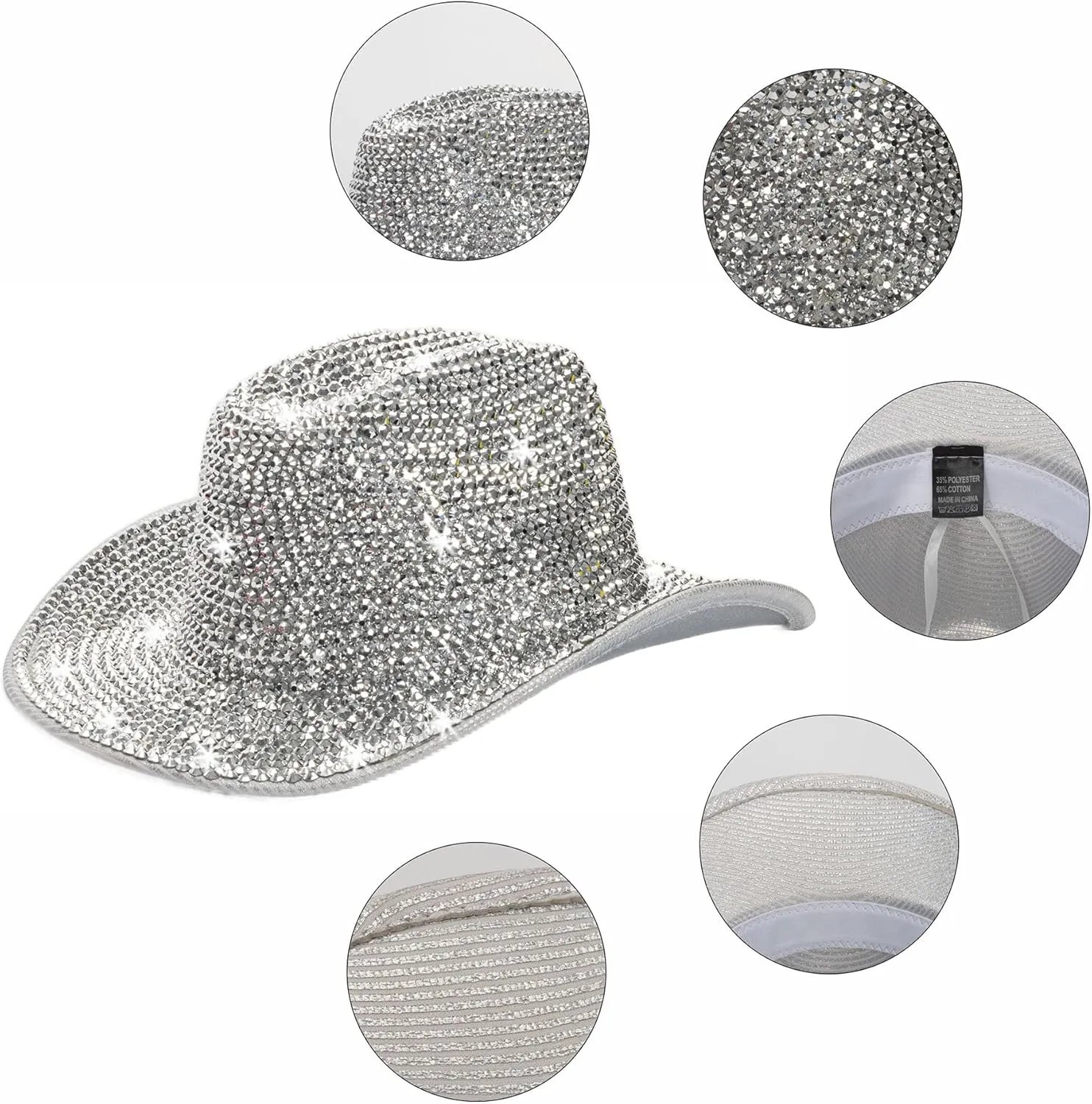 Silver Rhinestone Western Cowboy Hat for Womens - Glitter Cowgirl Hat for Disco Parties and Costumes