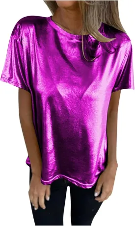 Summer T Shirts for Women Metallic Shiny Top Shiny Glitter Shirt Casual Round Neck Holographic Party Disco Club Tees