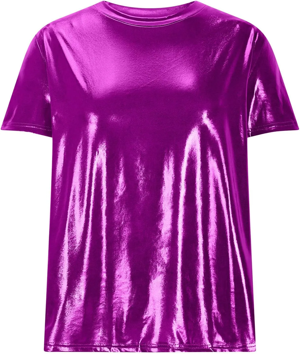 Summer T Shirts for Women Metallic Shiny Top Shiny Glitter Shirt Casual Round Neck Holographic Party Disco Club Tees