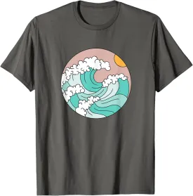 Summer Theme Teal Blue Waves Japanese Graphic Ocean Sky Sun T-Shirt