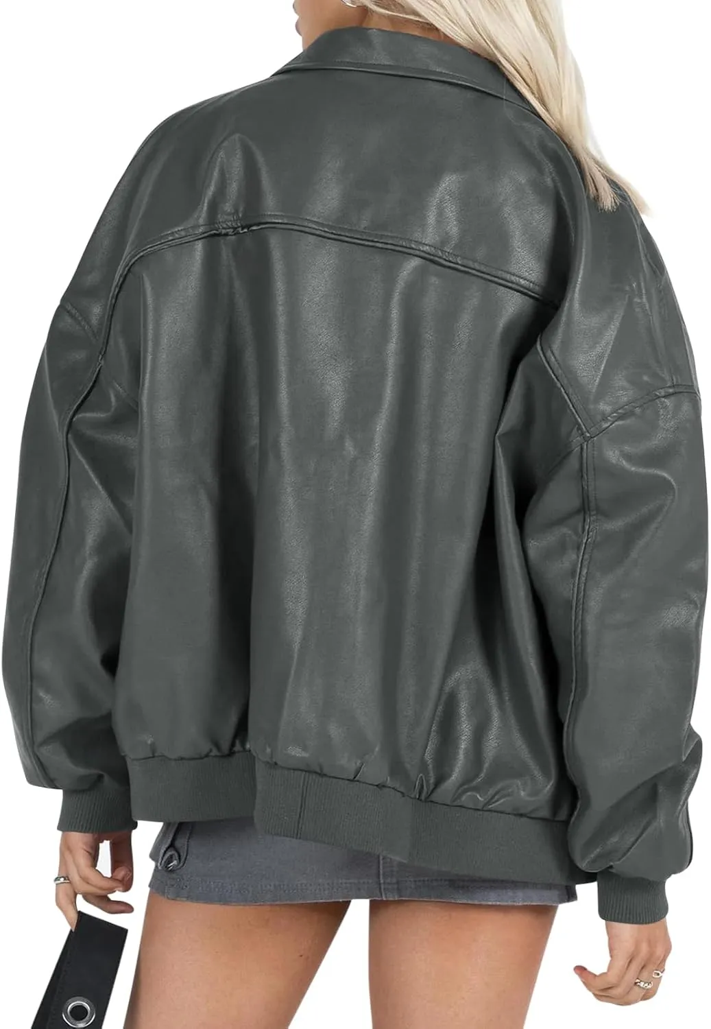 Tankaneo Womens Faux Leather Jackets Oversized Bomber Casual Fall Fashion Zip Up Moto Biker Coats