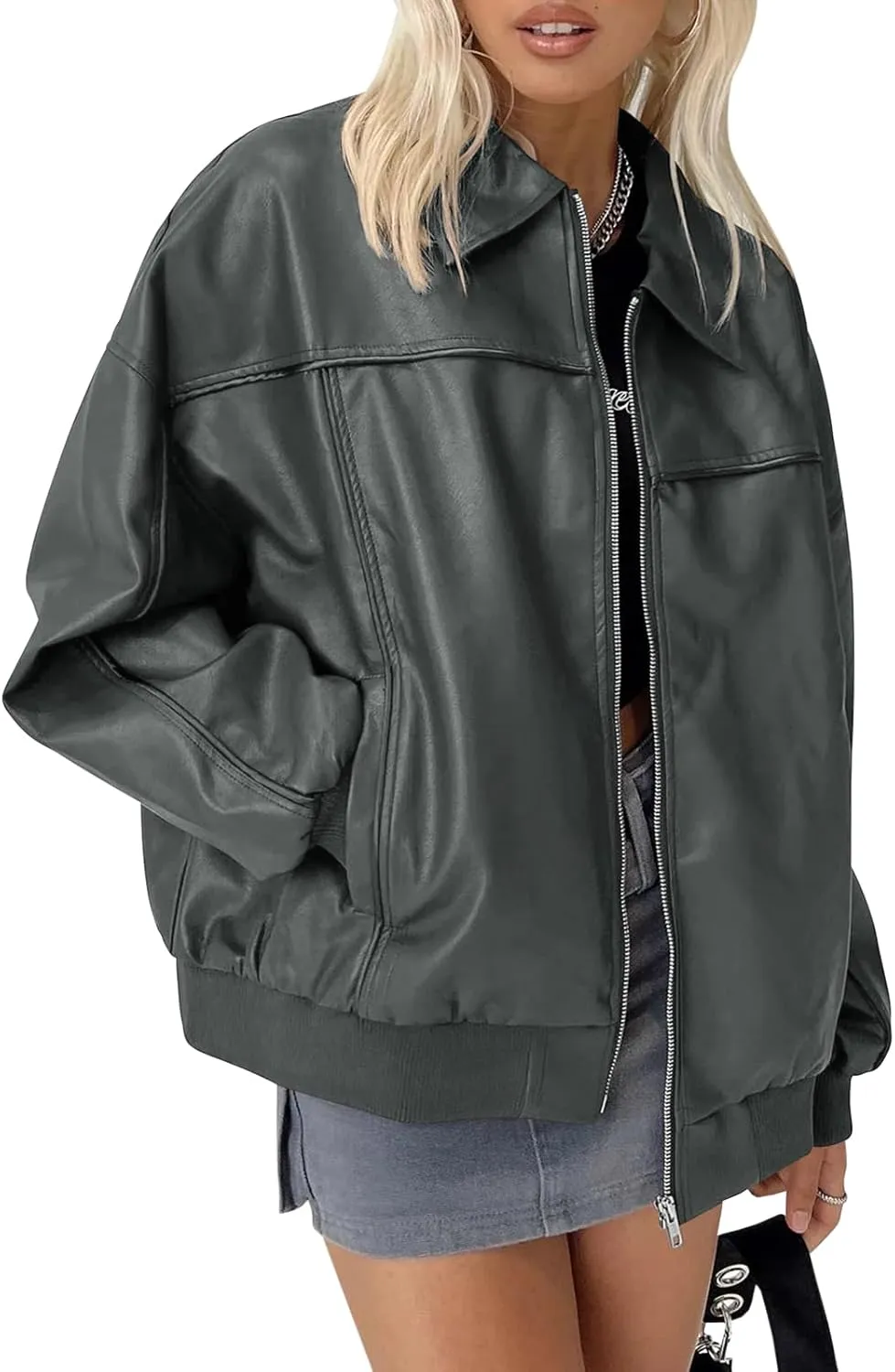 Tankaneo Womens Faux Leather Jackets Oversized Bomber Casual Fall Fashion Zip Up Moto Biker Coats