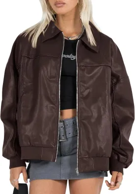Tankaneo Womens Faux Leather Jackets Oversized Bomber Casual Fall Fashion Zip Up Moto Biker Coats