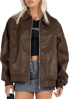 Tankaneo Womens Faux Leather Jackets Oversized Bomber Casual Fall Fashion Zip Up Moto Biker Coats