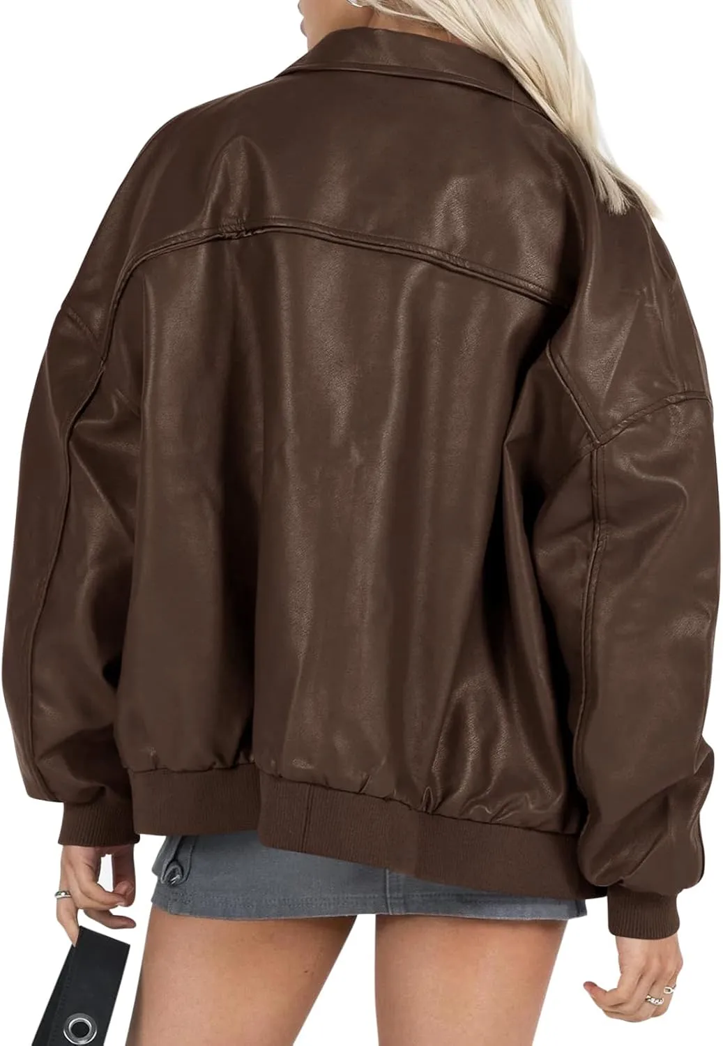 Tankaneo Womens Faux Leather Jackets Oversized Bomber Casual Fall Fashion Zip Up Moto Biker Coats