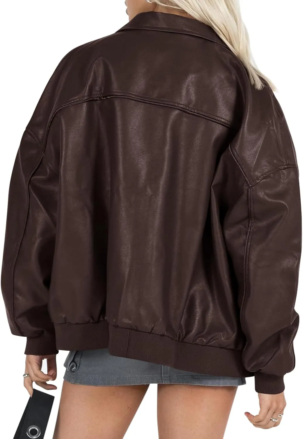 Tankaneo Womens Faux Leather Jackets Oversized Bomber Casual Fall Fashion Zip Up Moto Biker Coats
