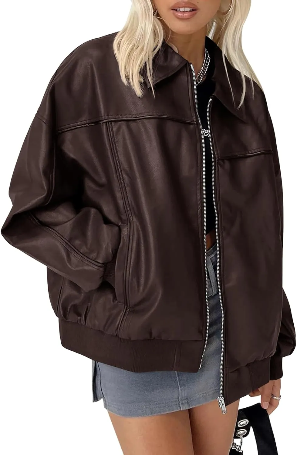 Tankaneo Womens Faux Leather Jackets Oversized Bomber Casual Fall Fashion Zip Up Moto Biker Coats