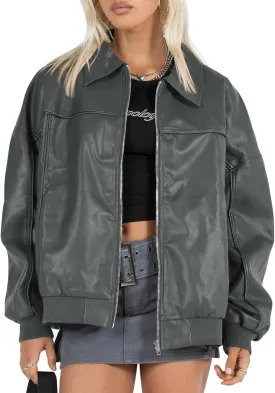 Tankaneo Womens Faux Leather Jackets Oversized Bomber Casual Fall Fashion Zip Up Moto Biker Coats