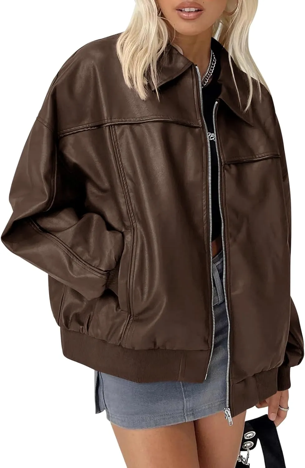 Tankaneo Womens Faux Leather Jackets Oversized Bomber Casual Fall Fashion Zip Up Moto Biker Coats