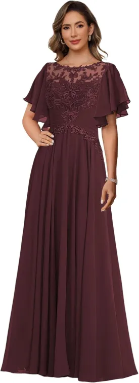 TIRAS Women's Ruffle Sleeves Mother of The Bride Dresses for Wedding Jewel Lace Chiffon Aline Formal Evening Gowns CM341