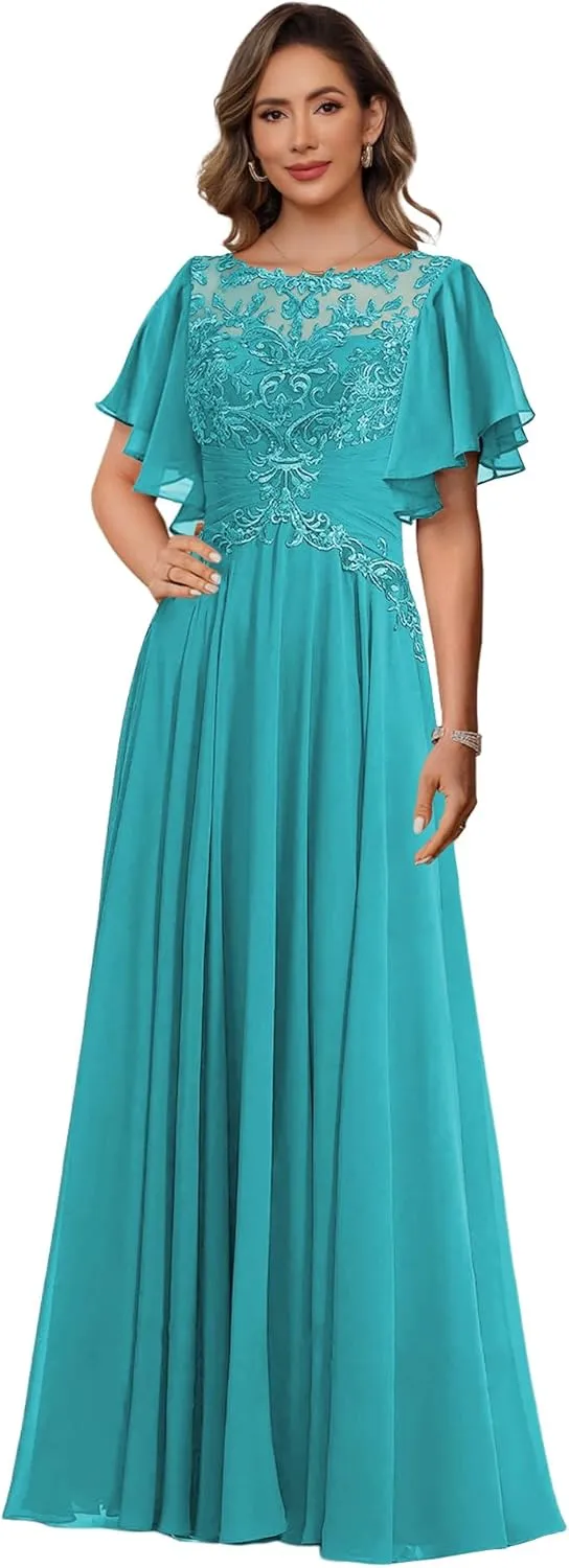 TIRAS Women's Ruffle Sleeves Mother of The Bride Dresses for Wedding Jewel Lace Chiffon Aline Formal Evening Gowns CM341