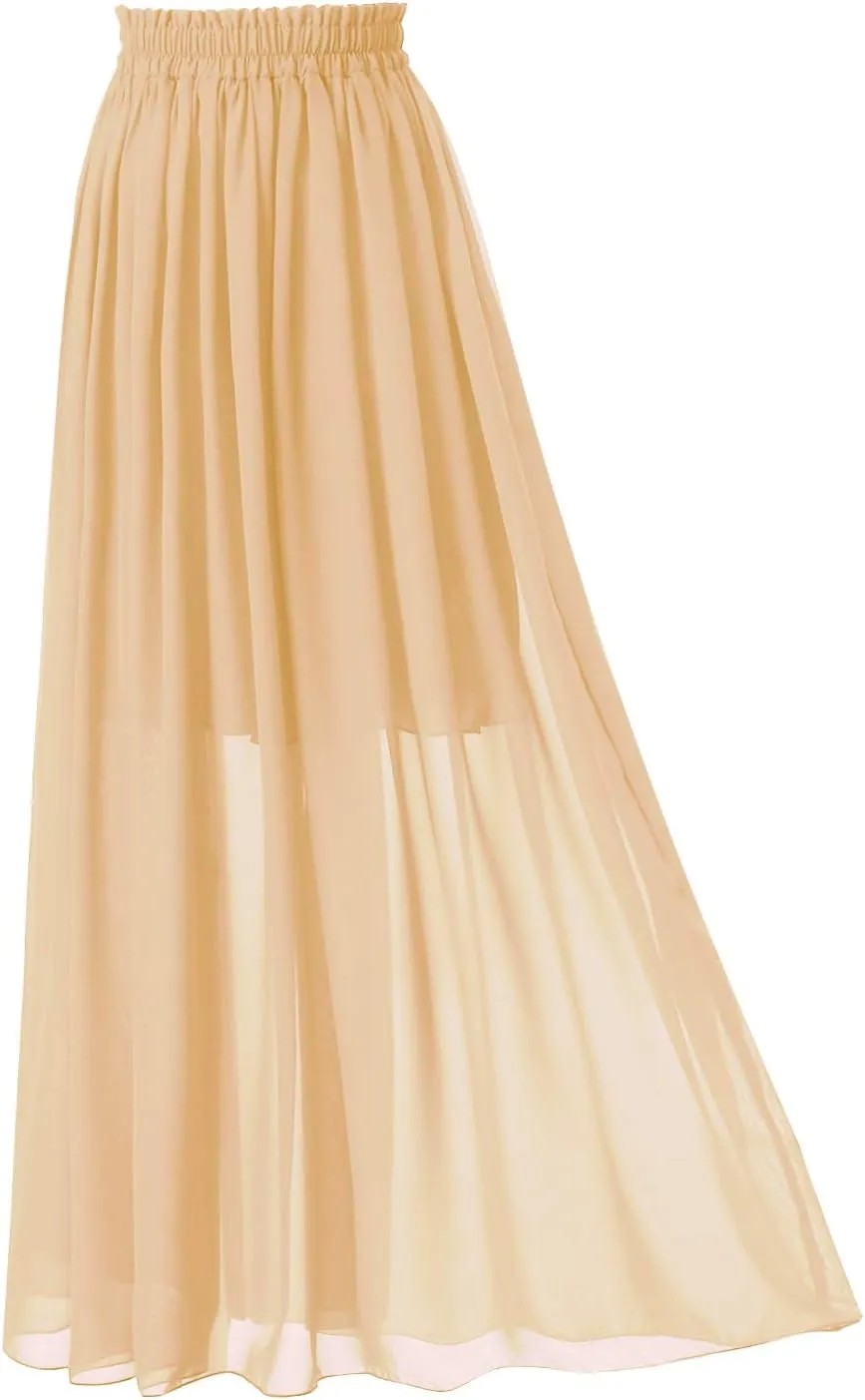 Topdress Women's Chiffon Skirts Elastic High Waist Tea Length A-line Ruffle Beach Skirts