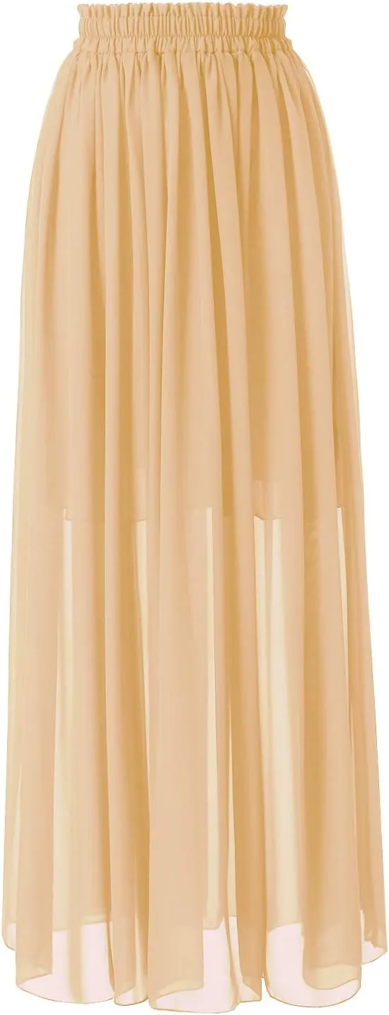 Topdress Women's Chiffon Skirts Elastic High Waist Tea Length A-line Ruffle Beach Skirts