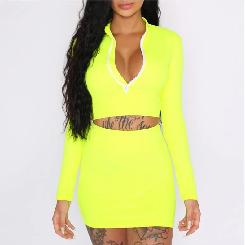 VenusFox high neck zipper bodycon crop tops mini skirt 2 pieces sets