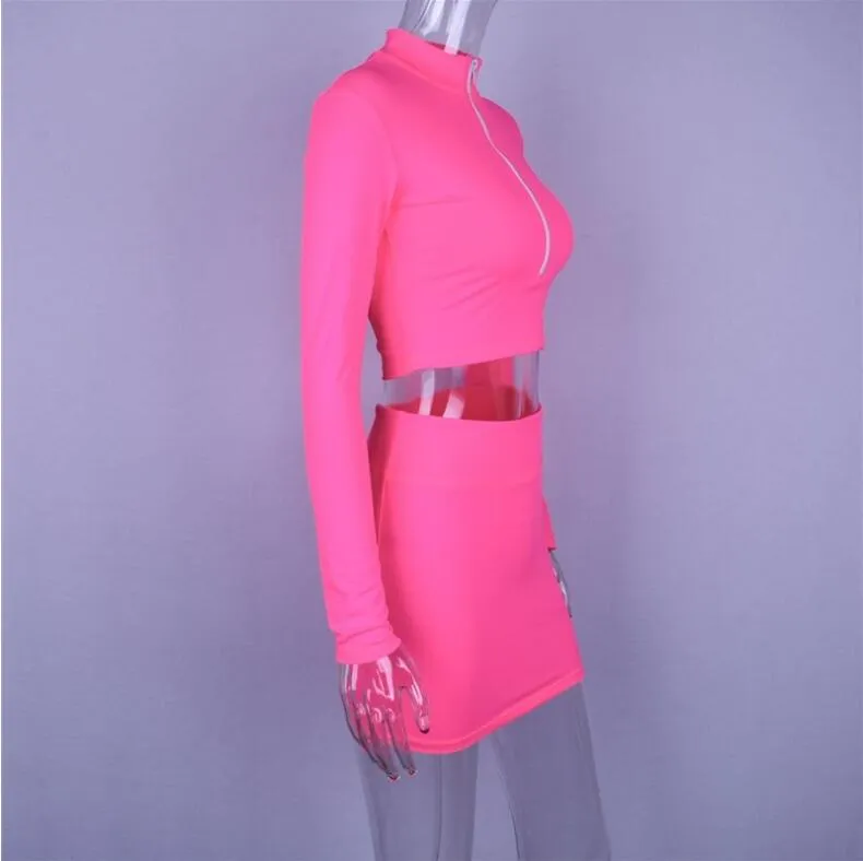 VenusFox high neck zipper bodycon crop tops mini skirt 2 pieces sets