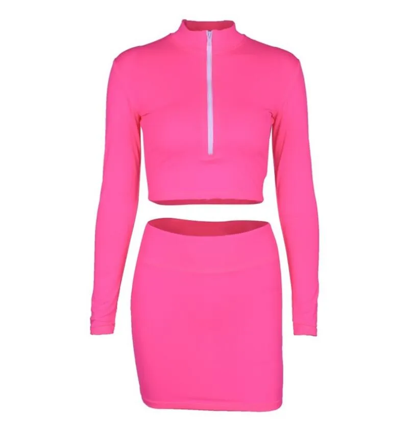 VenusFox high neck zipper bodycon crop tops mini skirt 2 pieces sets