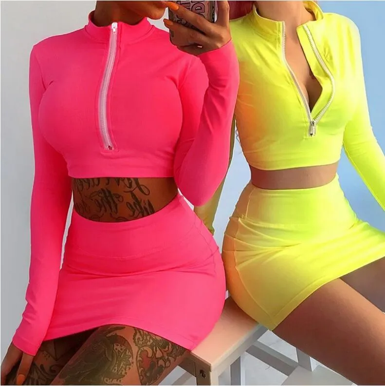 VenusFox high neck zipper bodycon crop tops mini skirt 2 pieces sets