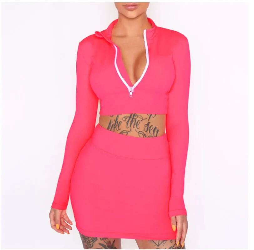 VenusFox high neck zipper bodycon crop tops mini skirt 2 pieces sets