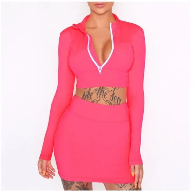 VenusFox high neck zipper bodycon crop tops mini skirt 2 pieces sets