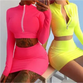 VenusFox high neck zipper bodycon crop tops mini skirt 2 pieces sets