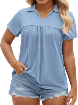 VISLILY Womens-Plus-Size-Summer-Tops Collared V Neck Polo Shirts Flowy Pleated Tunics Trendy Roll Short Sleeve Blouses