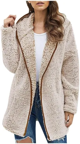 Warm Fleece Jackets for Women, Fuzzy Hooded Casual Coats Ladies Mid-Length Cardigan Sweaters Outerwear with Pockets